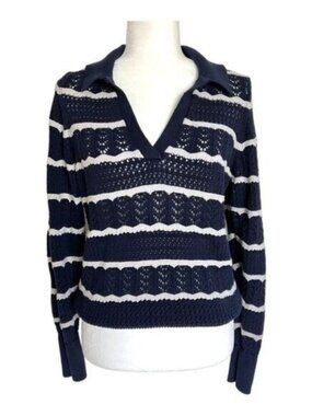 Gap Crochet Navy Blue & White V-Neck Collared Sweater